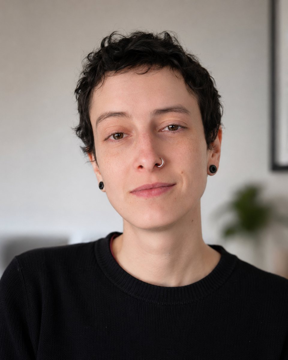 Hannah Nefdt with short dark hair, a nose ring and a black jumper.
